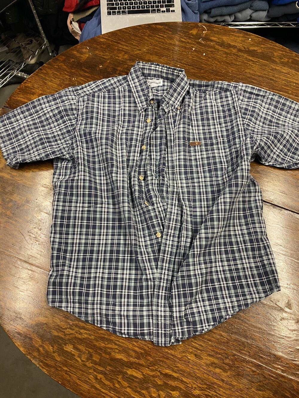 Carhartt Mens Button Down Shirt Size XL Blue White Striped Short Sleeve